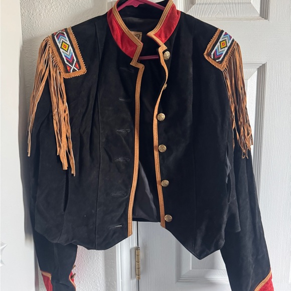 VINTAGE Phoenix USA Frontier Collection Fringe, Suede Beaded Black Leatherjacket - Picture 1 of 5